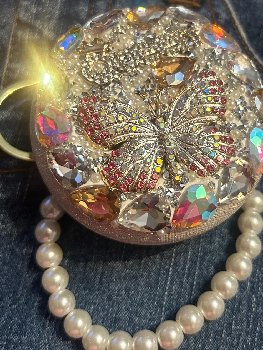 Crystal Butterfly Pearl Wristlet Clutch Charm - Pink & Gold